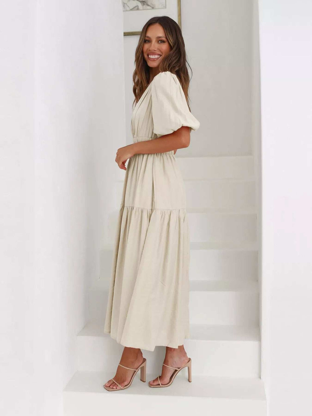 Tiered Puff Sleeve Midi Dress - Trendsi - Flyclothing LLC
