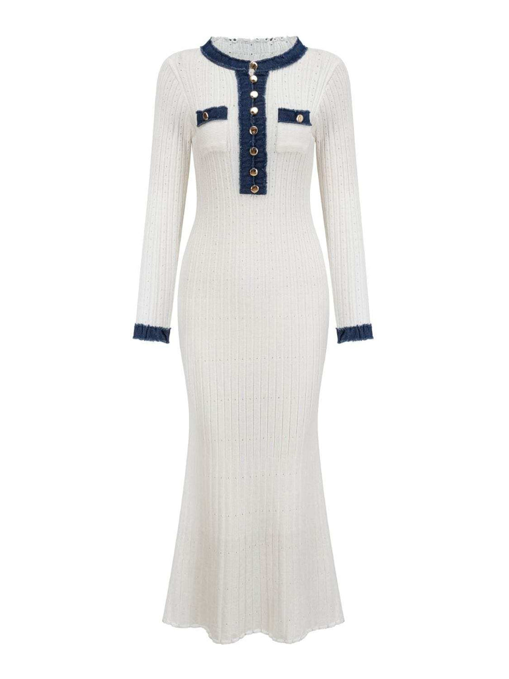 Contrast Trim Round Neck Long Sleeve Sweater Dress - Trendsi - Flyclothing LLC