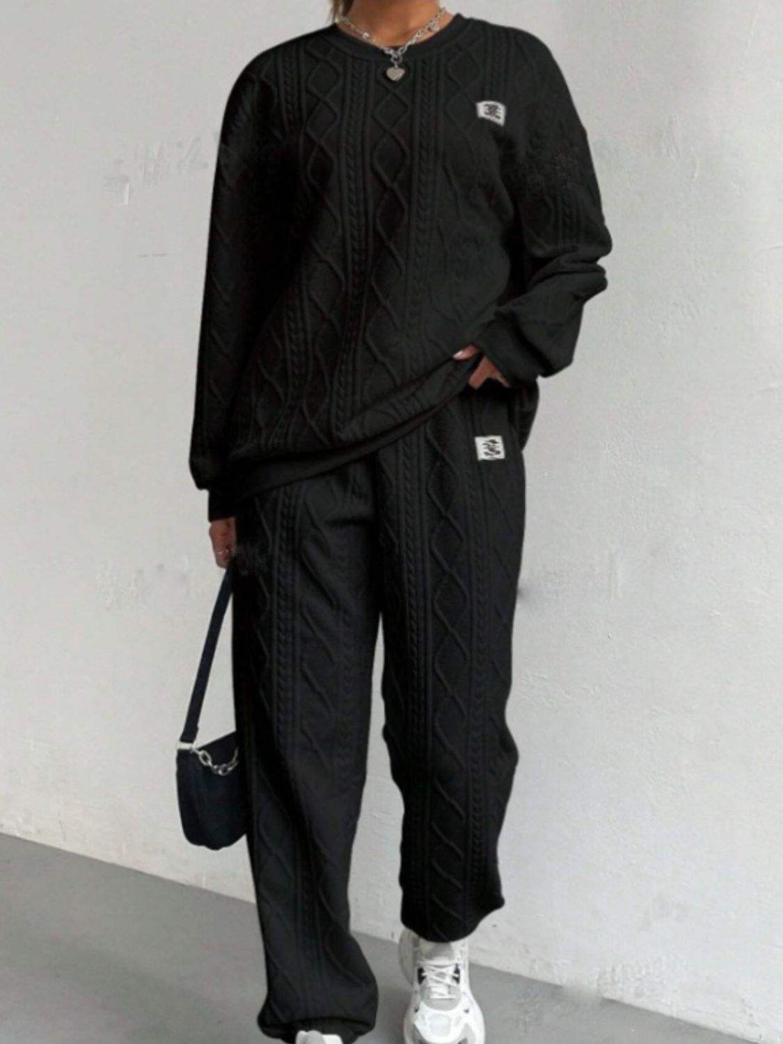 Texture Round Neck Long Sleeve Top and Pants Set - Trendsi - Flyclothing LLC