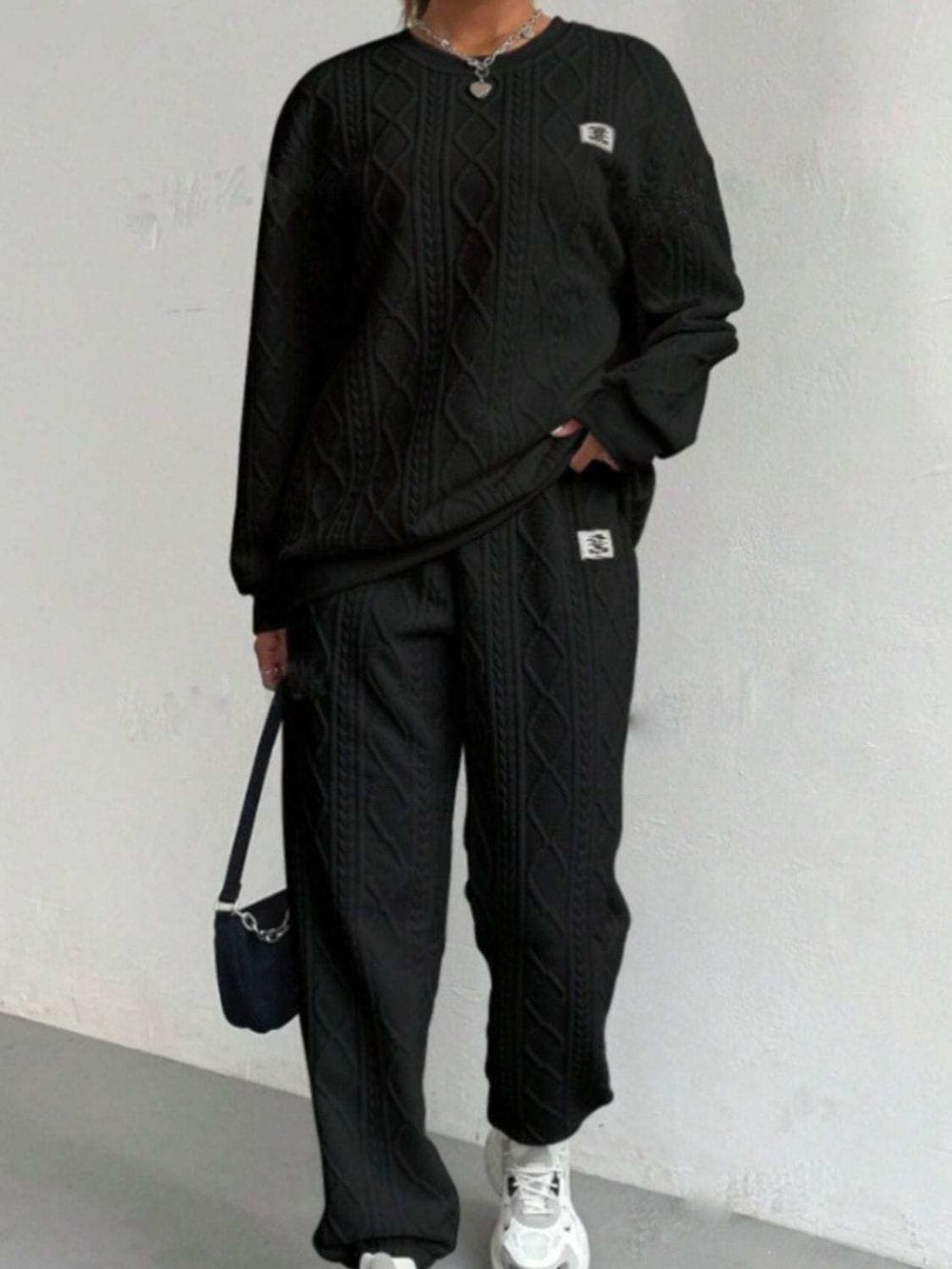 Texture Round Neck Long Sleeve Top and Pants Set - Trendsi - Flyclothing LLC