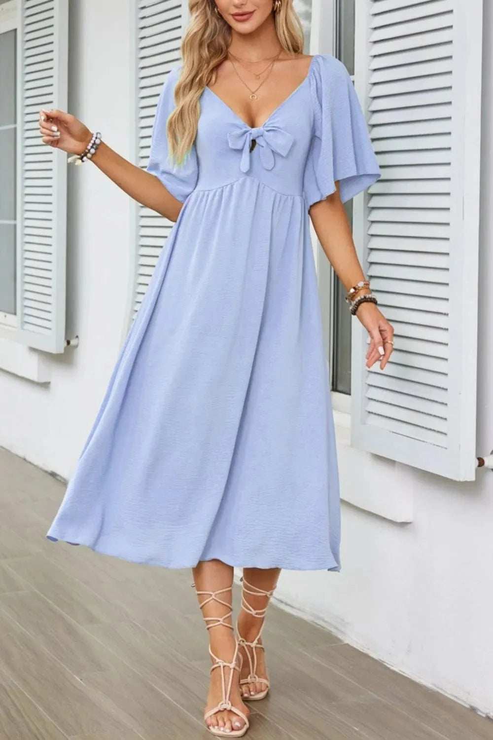 Smocked Tie Front Flutter Sleeve Midi Dress - Trendsi - Flyclothing LLC