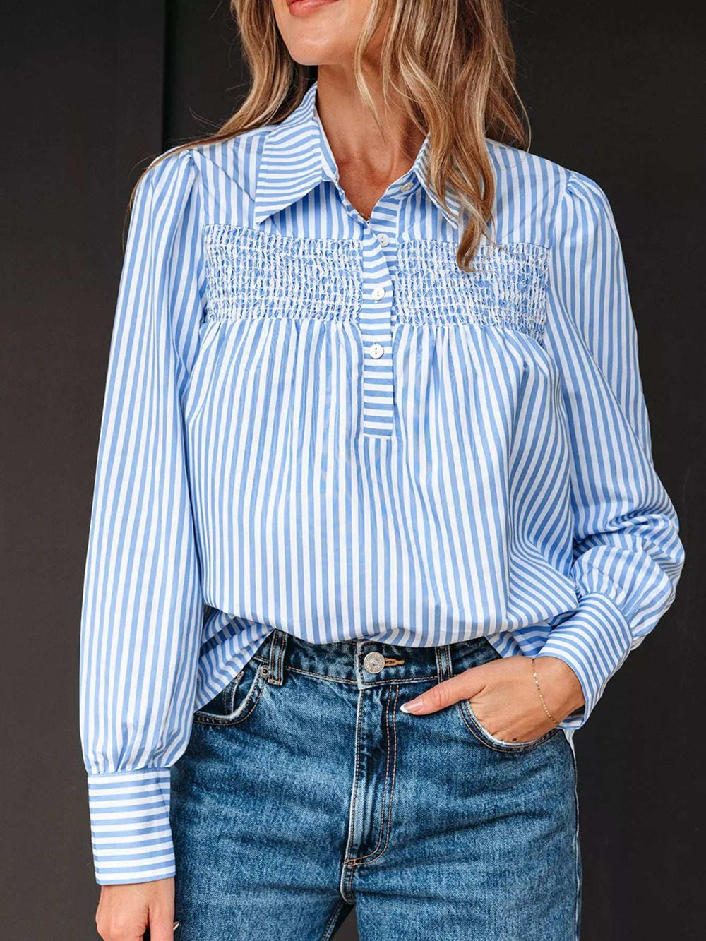 Stripe Shirred Detail Half Placket Collared Long Sleeve Shirt - Trendsi - Flyclothing LLC