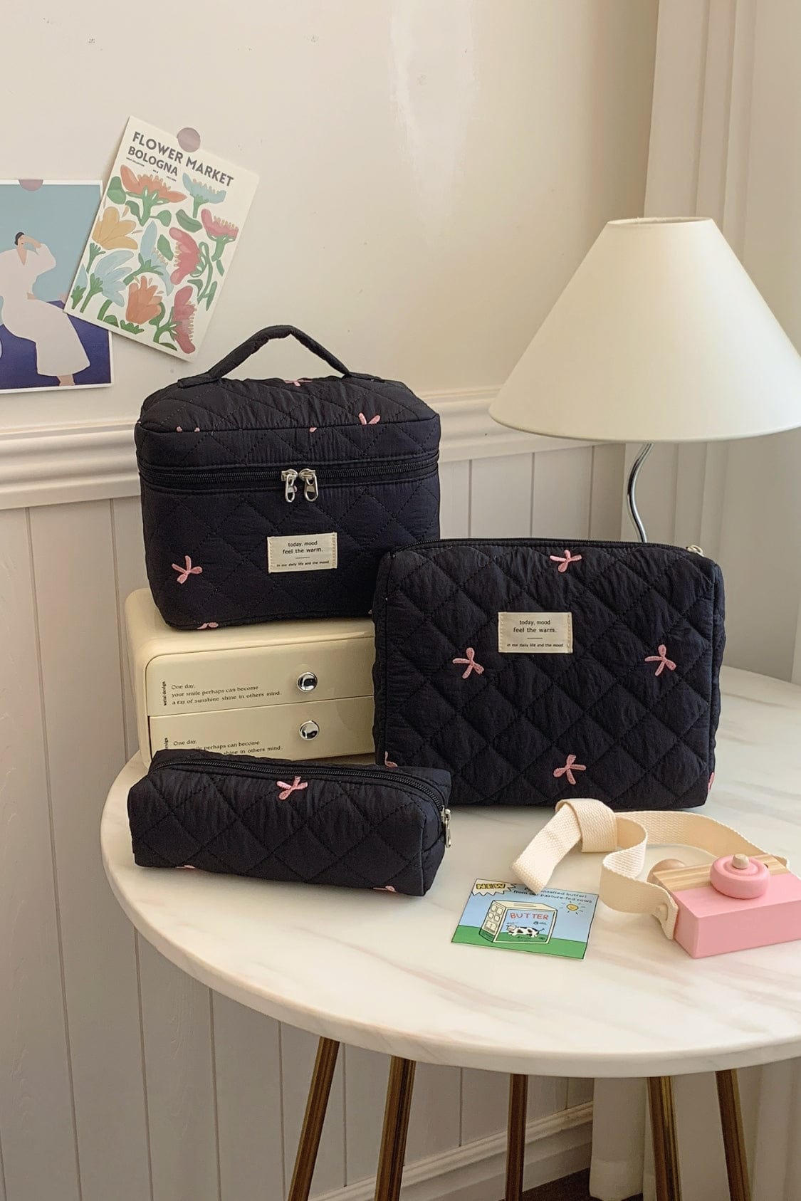 3 Piece Bow Quilted Cloth Storage Bag Set - Trendsi