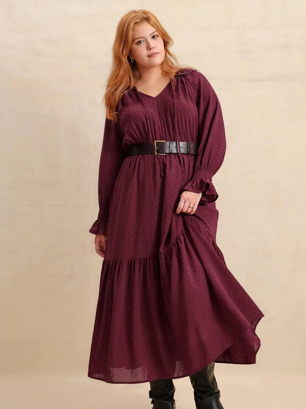 Plus Size Swiss Dot Tie Neck Flounce Sleeve Maxi Dress - Trendsi