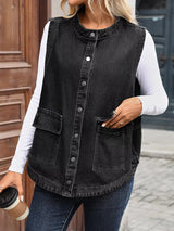 Snap Down Sleeveless Denim Jacket - Trendsi - Flyclothing LLC