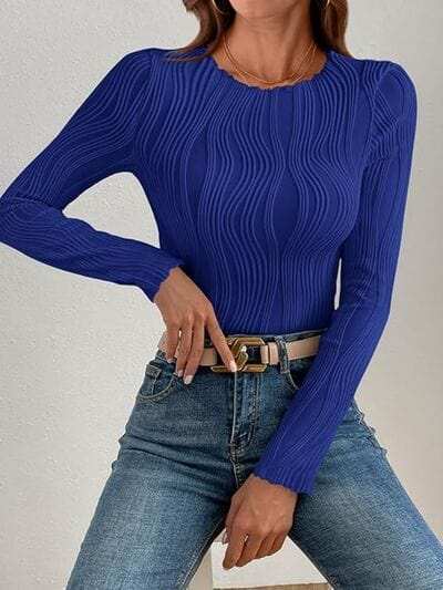 Textured Round Neck Long Sleeve Top - Trendsi - Flyclothing LLC