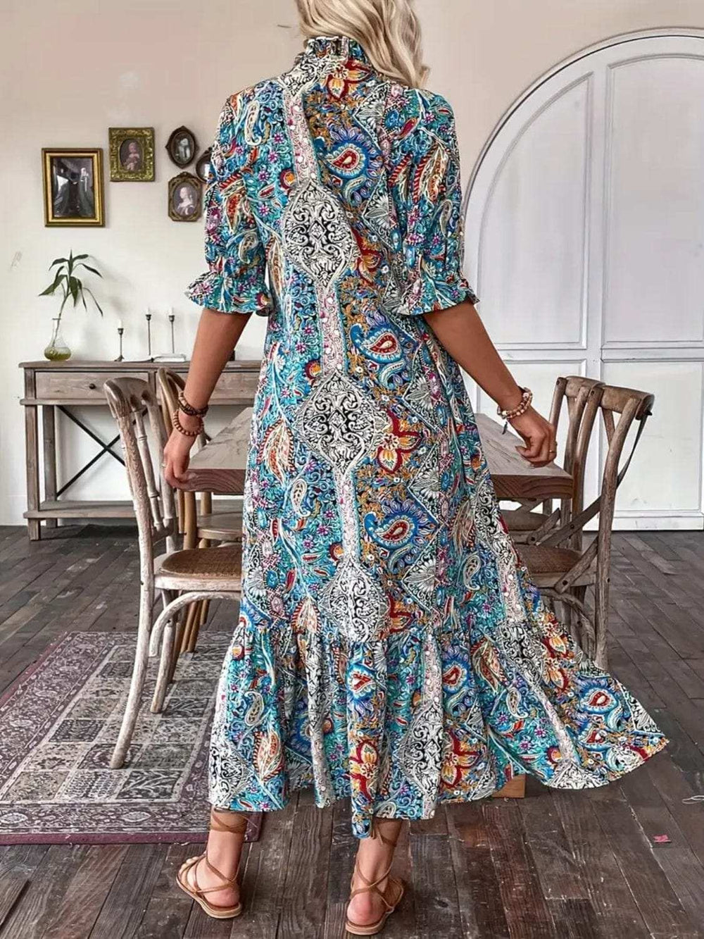 Printed Tie Neck Flounce Sleeve Midi Dress - Trendsi - Flyclothing LLC