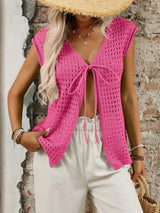 Tied Front Openwork V-Neck Knit Top - Trendsi - Flyclothing LLC