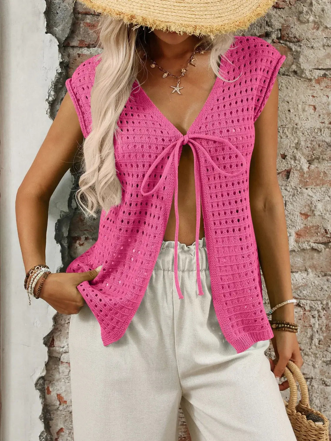 Tied Front Openwork V-Neck Knit Top - Trendsi - Flyclothing LLC