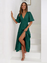 Tiered Surplice Half Sleeve Midi Dress - Trendsi - Flyclothing LLC