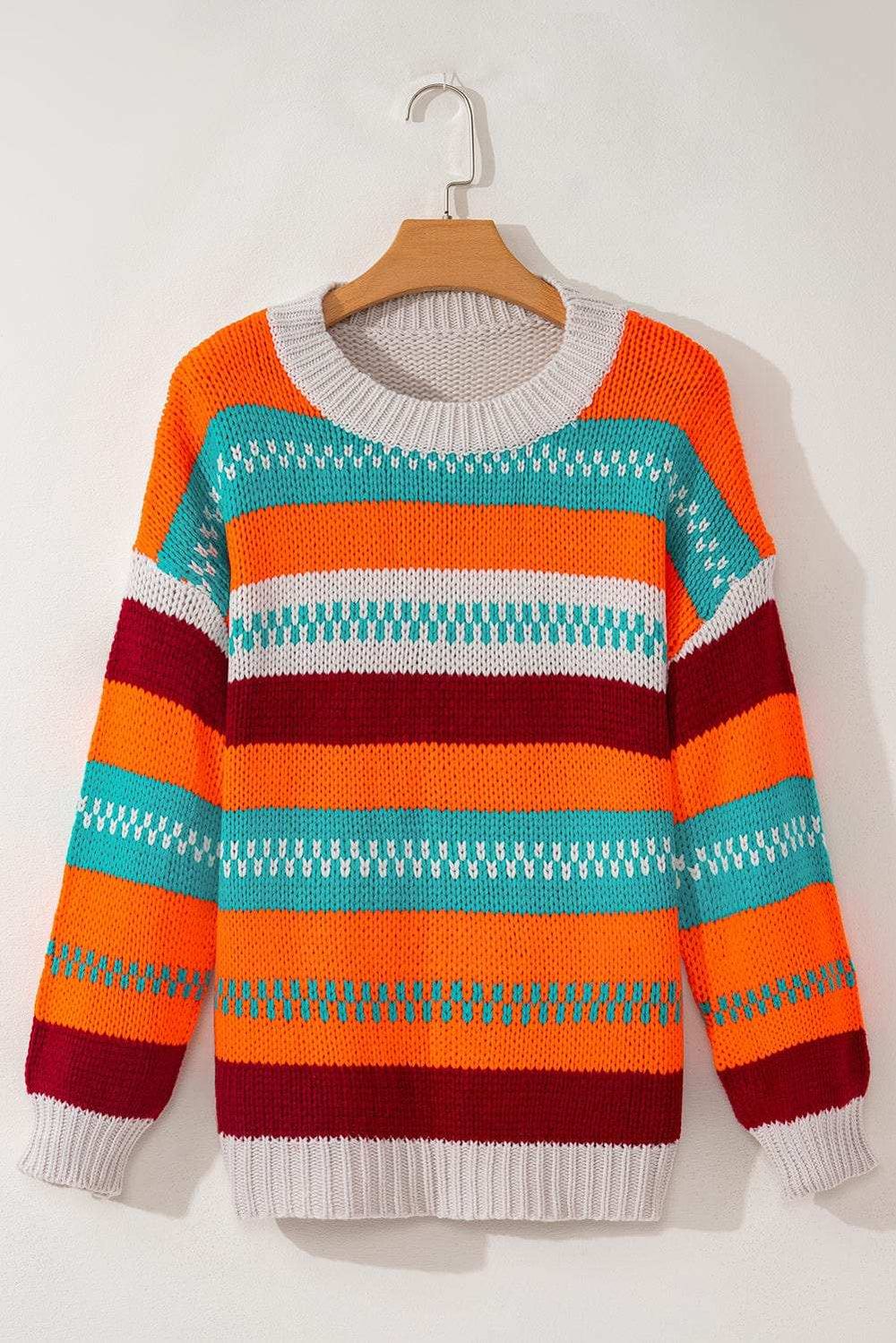 Contrast Striped Round Neck Long Sleeve Sweater - Trendsi - Flyclothing LLC