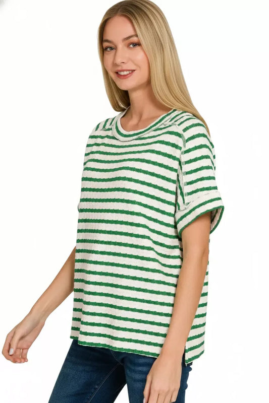 Zenana Stripe Jacquard Round-Meck Tee - Trendsi - Flyclothing LLC