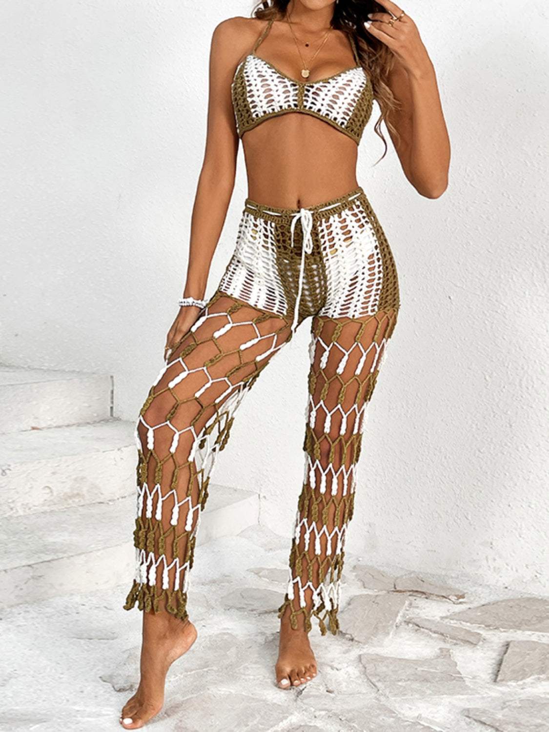 Cutout Halter Neck Top and Pants Two-Piece Swim Set - Trendsi - Flyclothing LLC