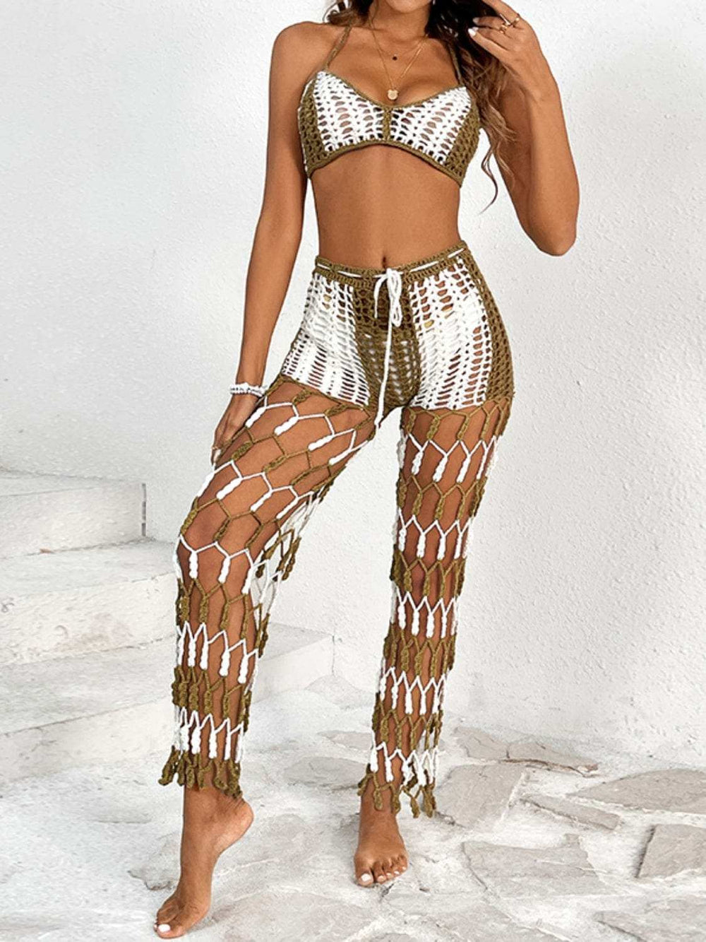 Cutout Halter Neck Top and Pants Two-Piece Swim Set - Trendsi - Flyclothing LLC