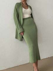 Pocketed Long Sleeve Cardigan and Skirt Sweater Set - Trendsi