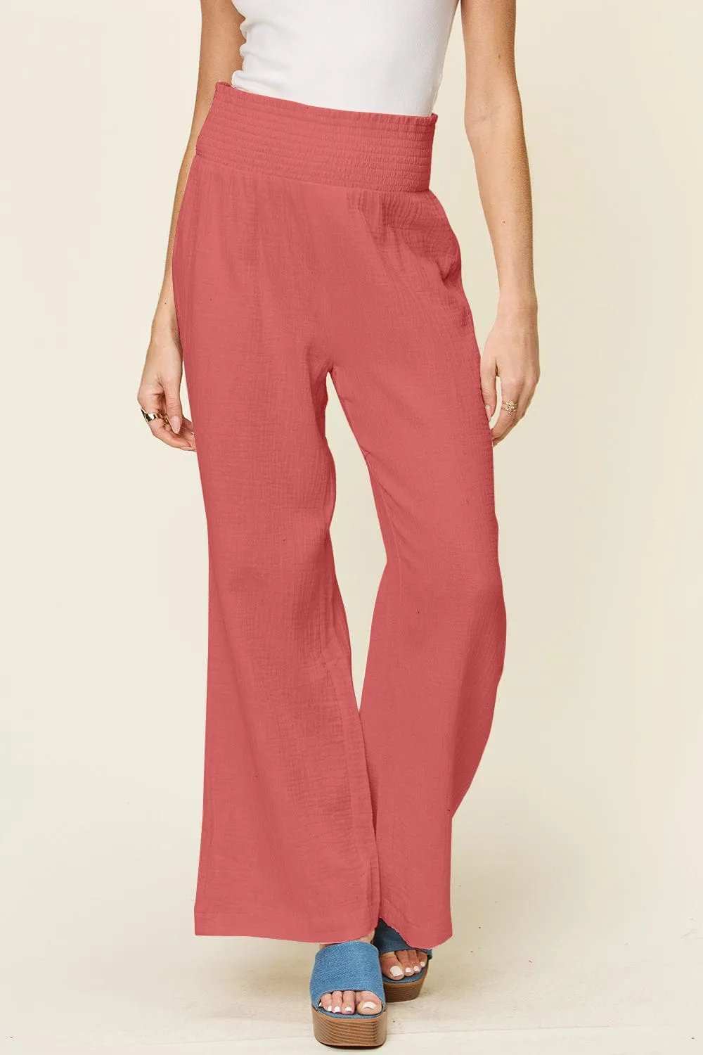 Double Take Full Size Texture Smocked Waist Wide Leg Pants - Trendsi - Flyclothing LLC