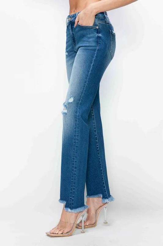 bytos Full Size Raw Hem Distressed Mid Rise Straight Jeans - Trendsi - Flyclothing LLC