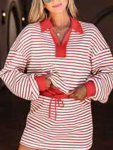 Stripe Collared V Neck Drop Shoulder Pullover and Skort 2pcs Outfit - Trendsi - Flyclothing LLC