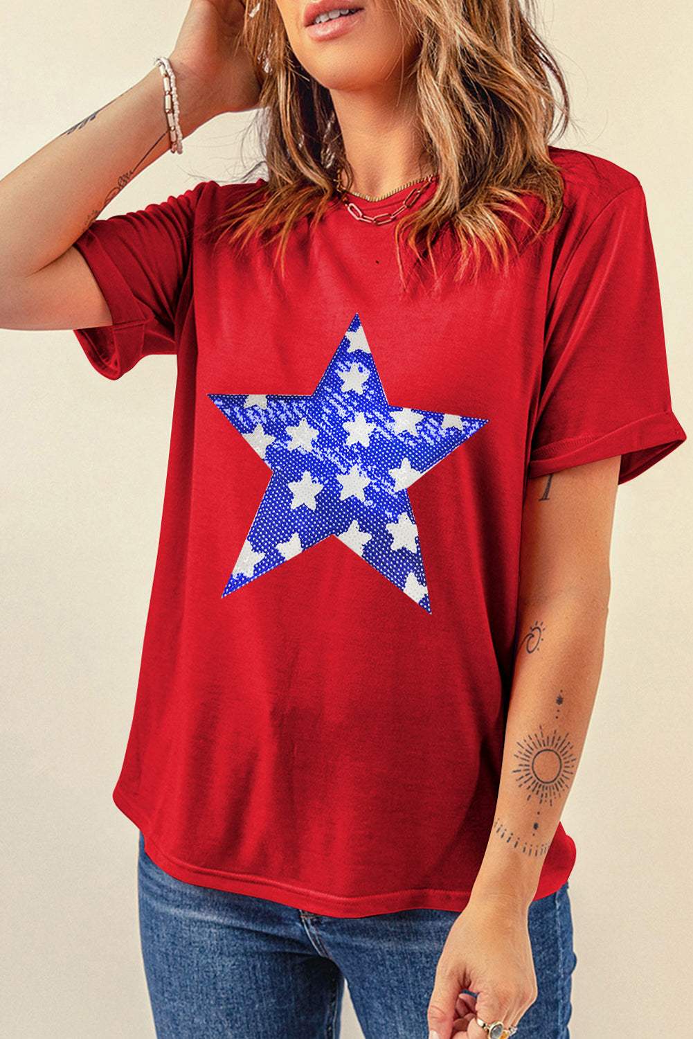 Sequin Star Round Neck Short Sleeve T-Shirt - Trendsi - Flyclothing LLC