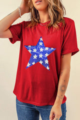 Sequin Star Round Neck Short Sleeve T-Shirt - Trendsi - Flyclothing LLC