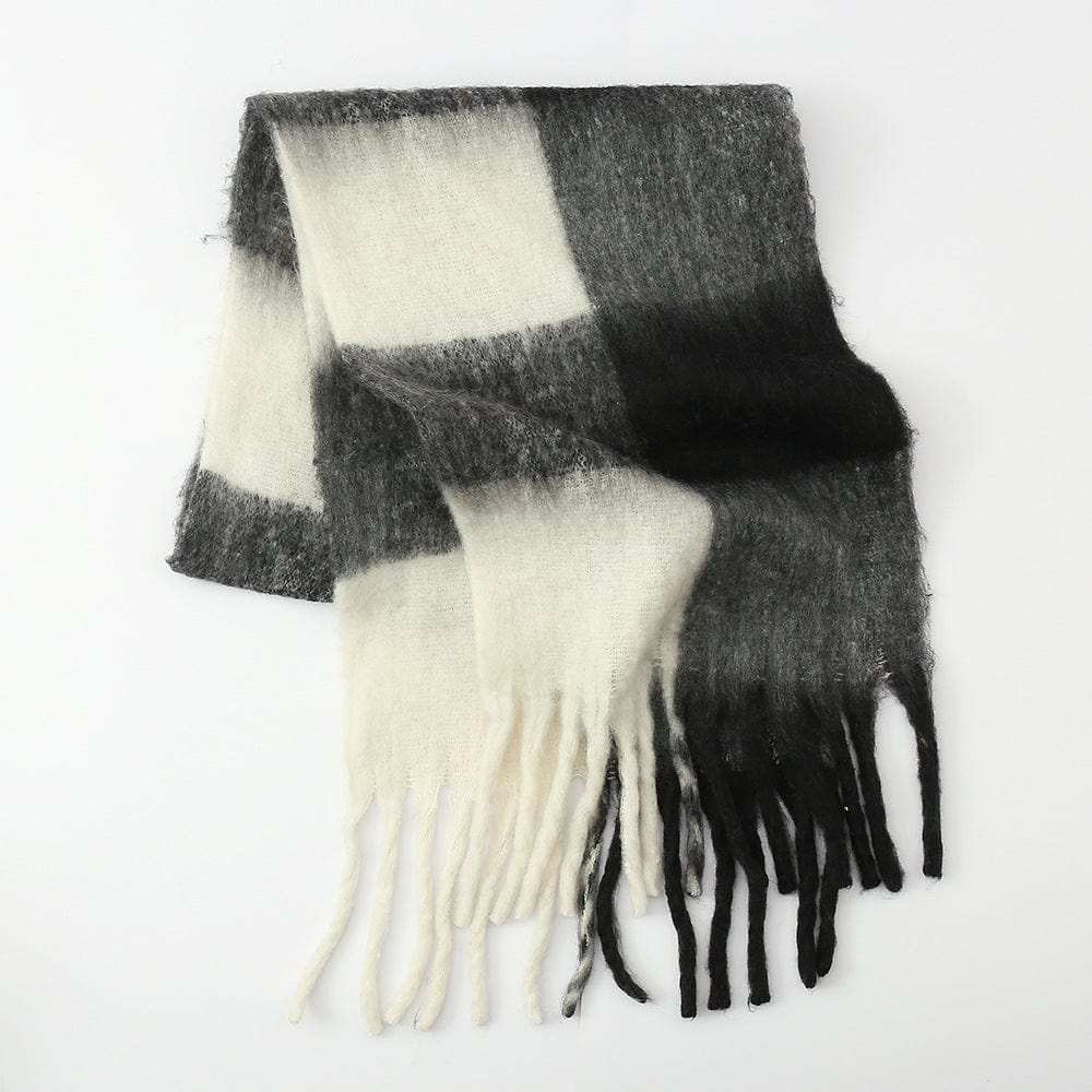 Fringe Contrast Plaid Polyester Scarf - Trendsi - Flyclothing LLC