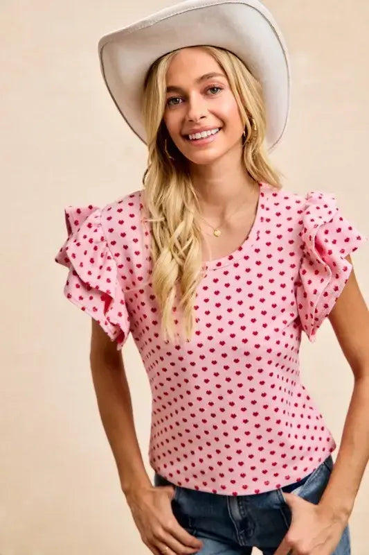 BiBi Heart Patterned Knit Ruffled Sleeves Top - Trendsi - Flyclothing LLC