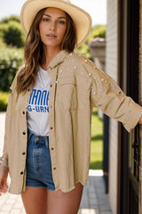 Raw Hem Pearl Trim Dropped Shoulder Denim Jacket - Trendsi - Flyclothing LLC