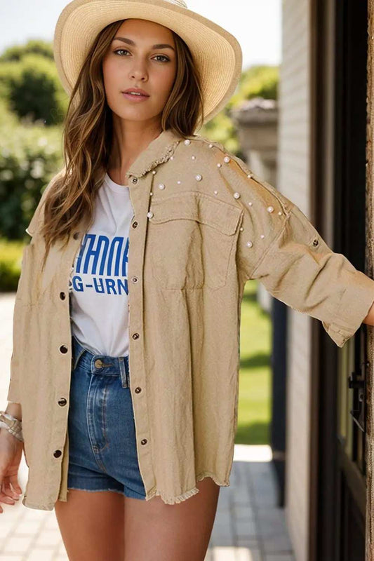 Raw Hem Pearl Trim Dropped Shoulder Denim Jacket - Trendsi - Flyclothing LLC