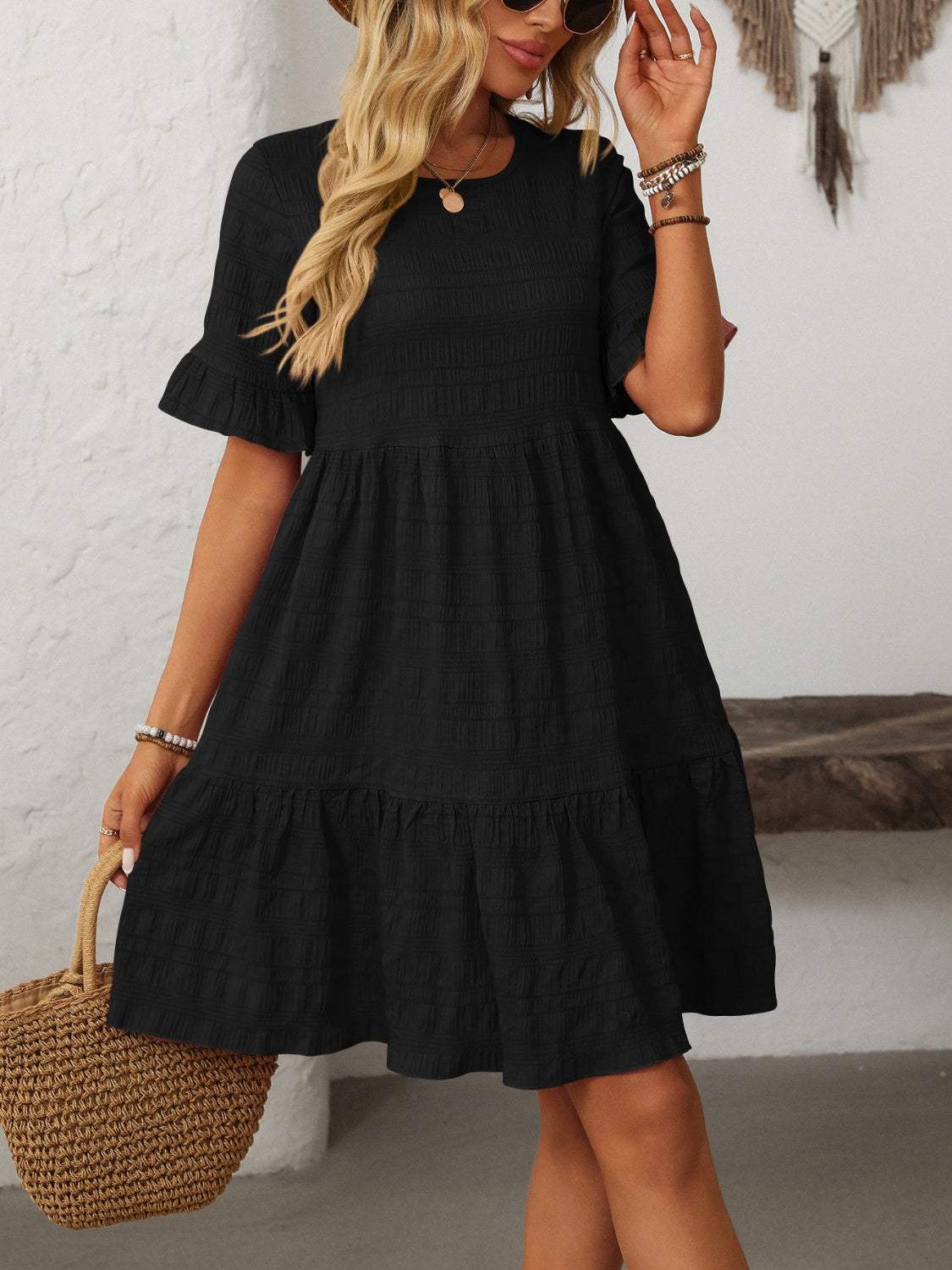 Mandy Ruffled Ruched Round Neck Half Sleeve Dress - Trendsi - Flyclothing LLC