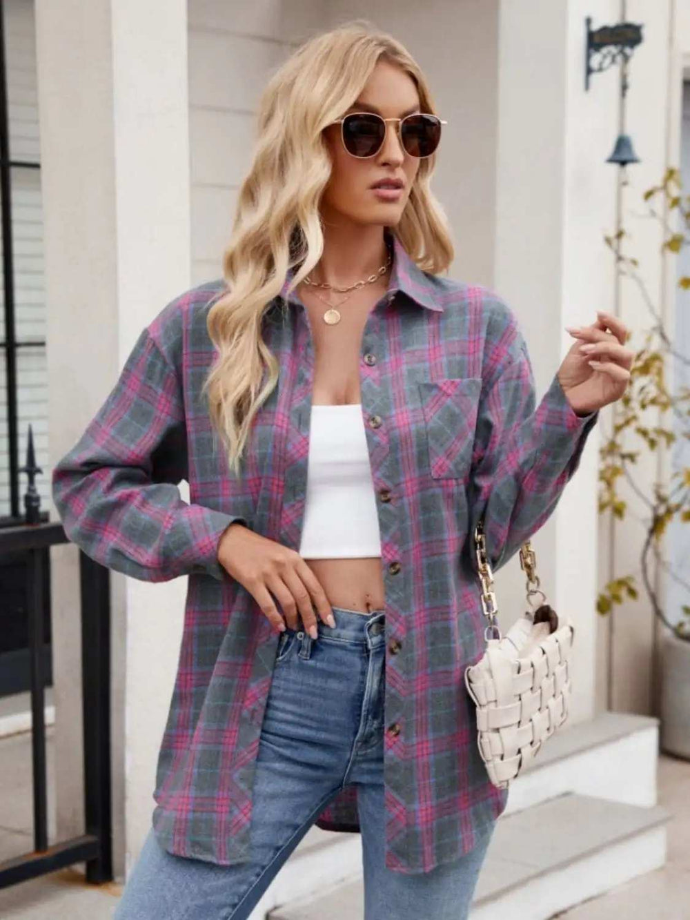Pocketed Plaid Collared Neck Long Sleeve Shirt - Trendsi - Flyclothing LLC
