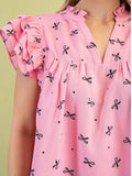 Notched Ruffled Cap Sleeve Blouse - Trendsi