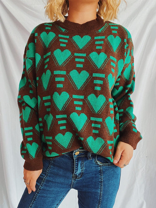 Heart Contrast Long Sleeve Dropped Shoulder Sweater - Trendsi