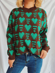 Heart Contrast Long Sleeve Dropped Shoulder Sweater - Trendsi