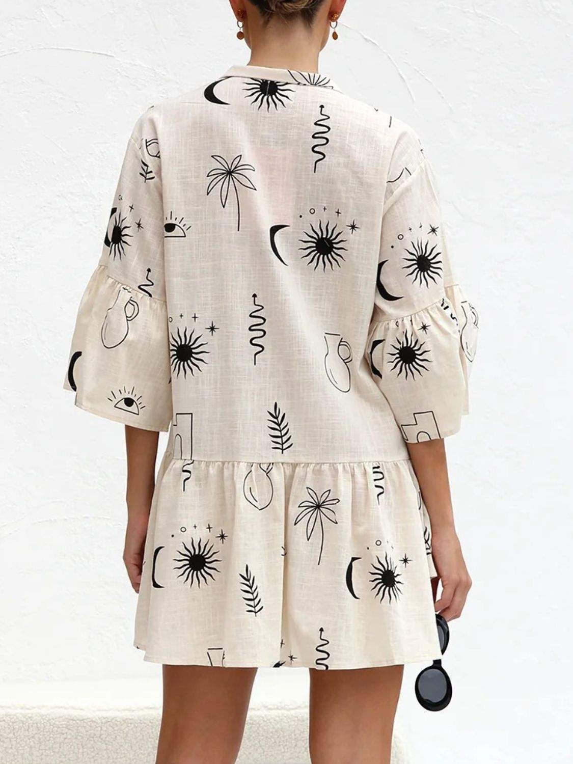 Printed Collared Neck Three-Quarter Sleeve Mini Dress - Trendsi - Flyclothing LLC