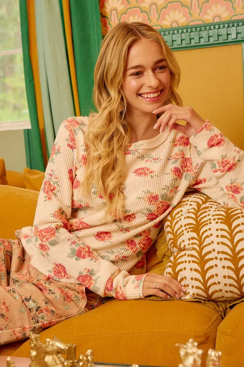 BiBi Floral Print Washed Waffle Thermal Top With Thumb - Trendsi - Flyclothing LLC