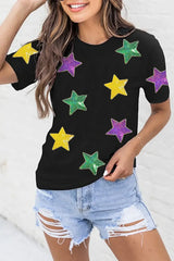 Sequin Stars Patched Round Neck T-Shirt - Trendsi - Flyclothing LLC