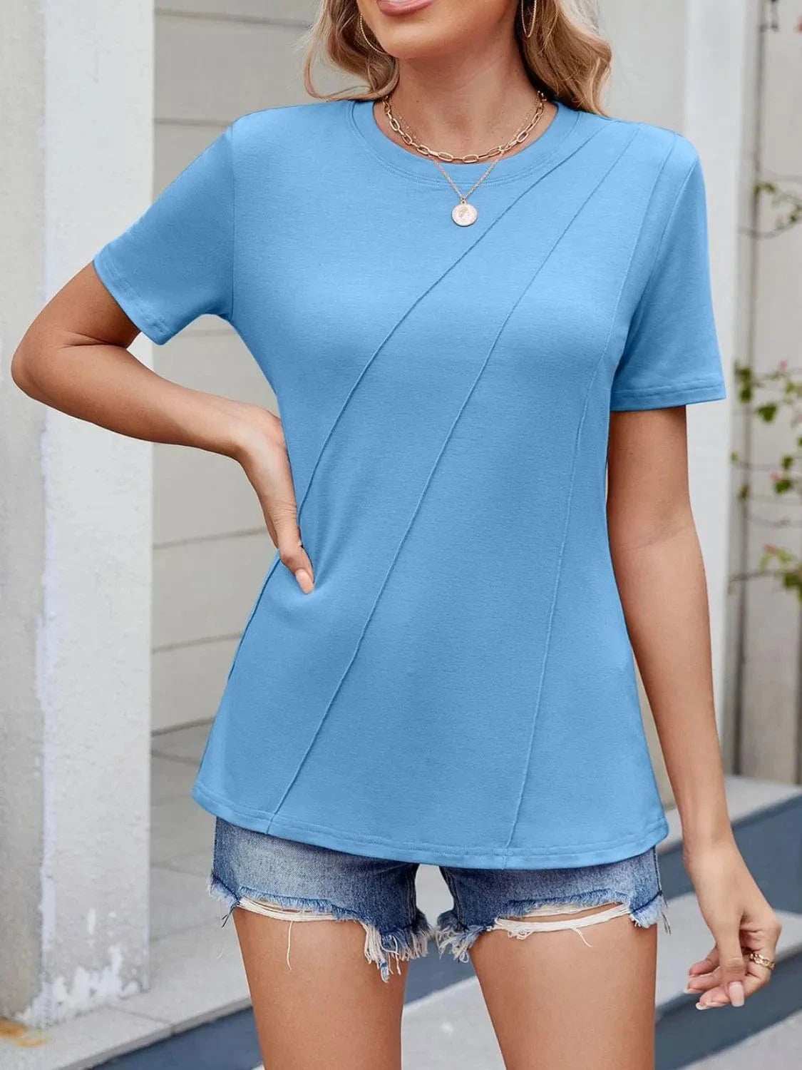 Round Neck Short Sleeve T-Shirt - Trendsi - Flyclothing LLC