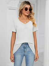 Ruched V-Neck Short Sleeve T-Shirt - Trendsi - Flyclothing LLC