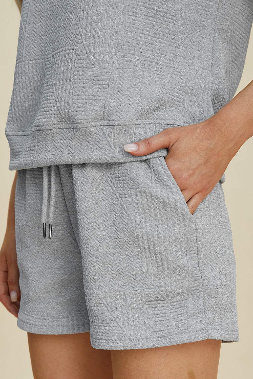 Double Take Full Size Texture Short Sleeve Top and Shorts Set - Trendsi - Flyclothing LLC