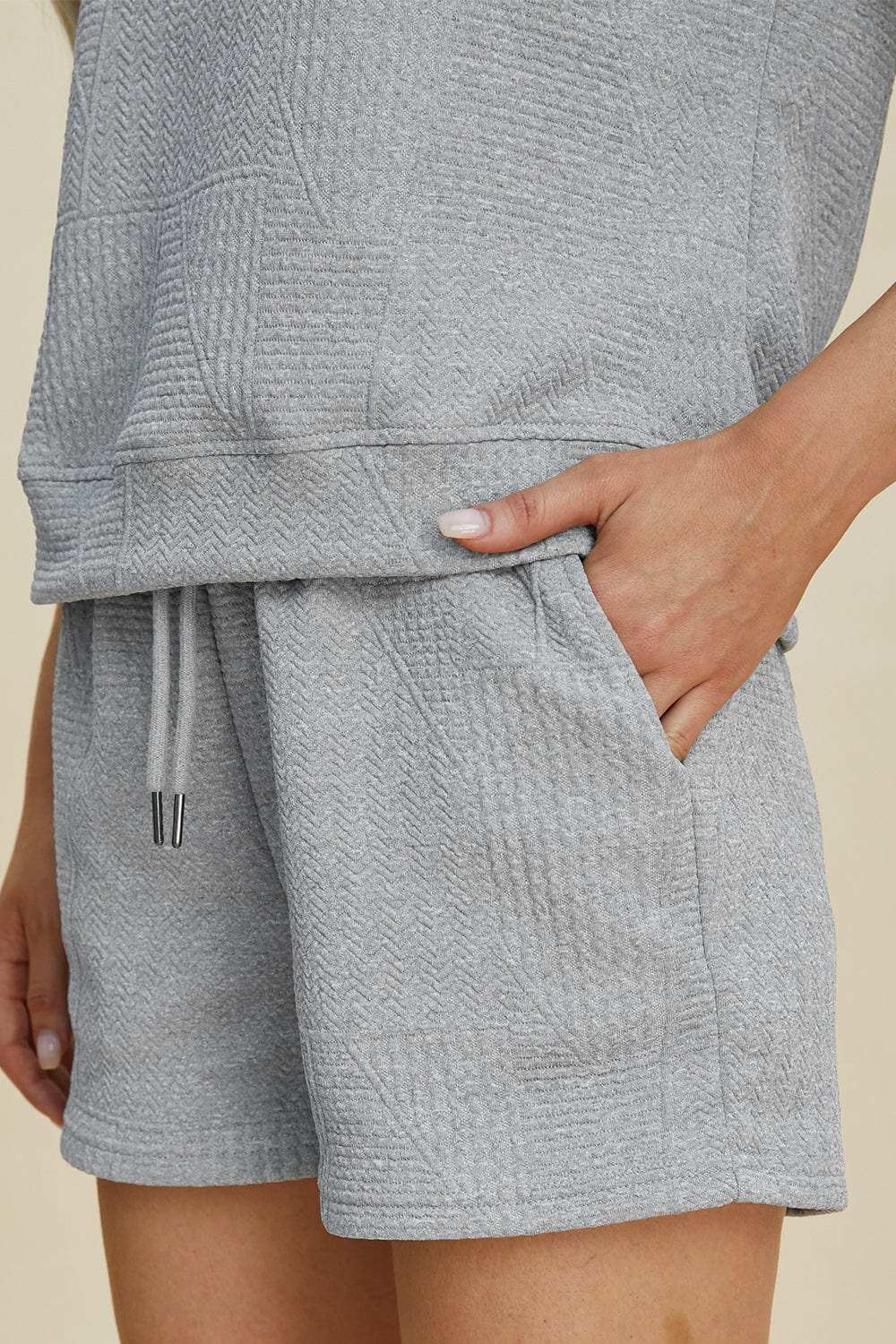 Double Take Full Size Texture Short Sleeve Top and Shorts Set - Trendsi - Flyclothing LLC