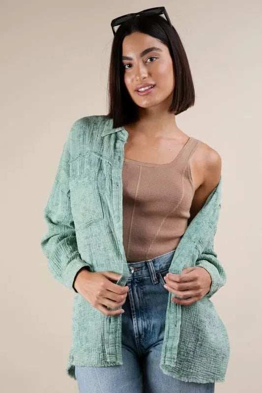 VERY J Mineral Washed Gauze Button Down Shirt - Trendsi - Flyclothing LLC