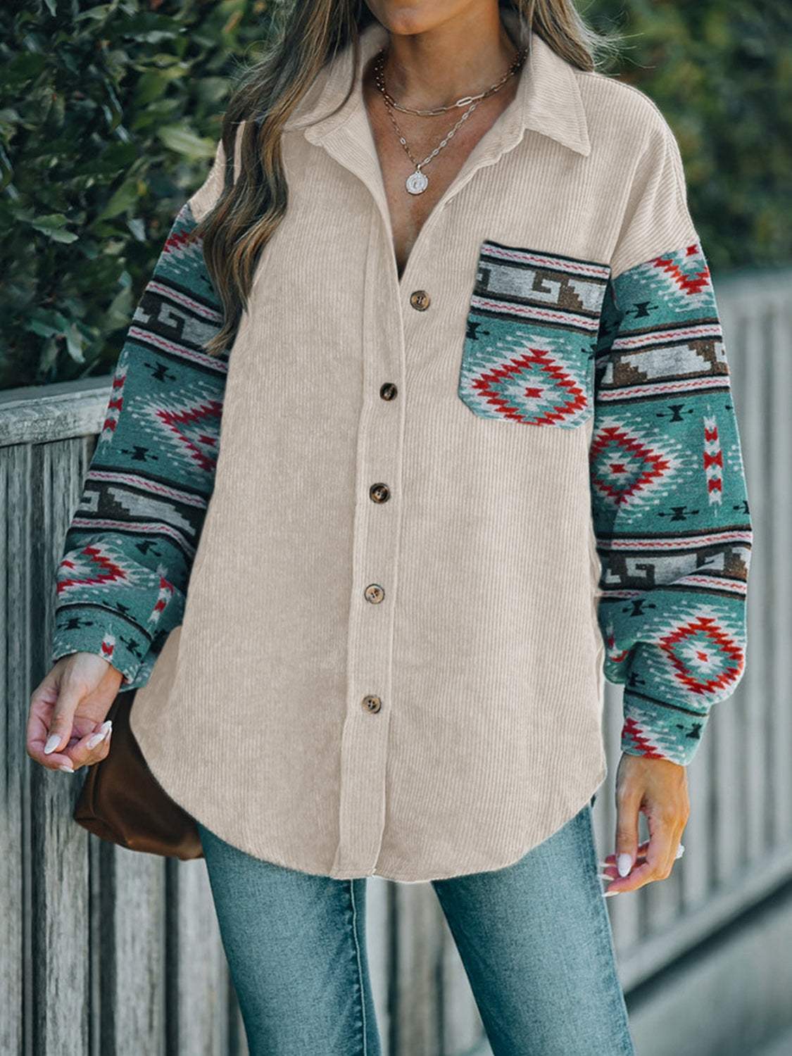 Perfee Pocketed Geometric Collared Neck Shacket - Trendsi - Flyclothing LLC