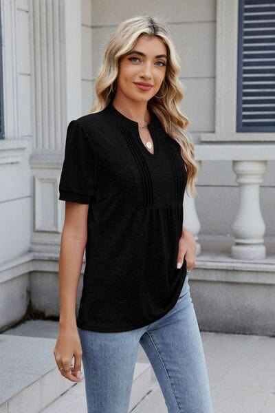 Notched Short Sleeve Top - Trendsi