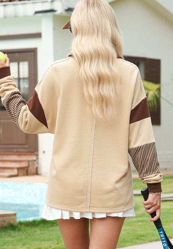 Color Block Johnny Collar Long Sleeve Sweatshirt - Trendsi - Flyclothing LLC