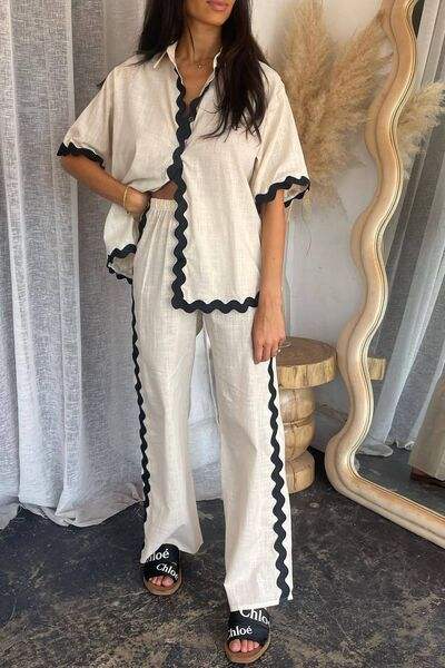 Contrast Trim Half Sleeve Top and Pants Set - Trendsi - Flyclothing LLC