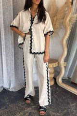 Contrast Trim Half Sleeve Top and Pants Set - Trendsi - Flyclothing LLC