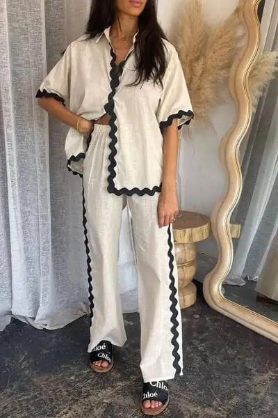 Contrast Trim Half Sleeve Top and Pants Set - Trendsi