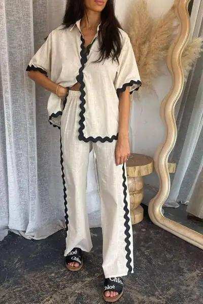 Contrast Trim Half Sleeve Top and Pants Set - Trendsi - Flyclothing LLC