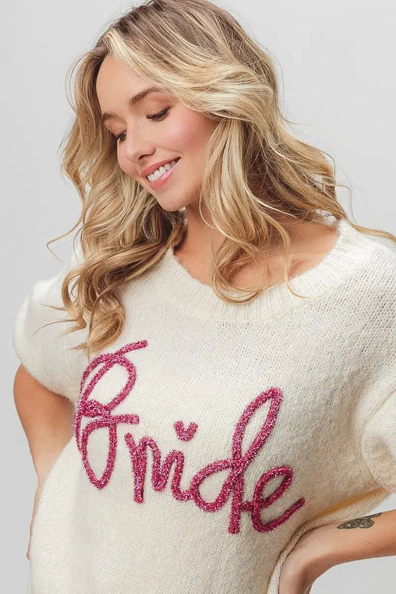 BiBi Metallic Letter Short Puff Sleeve Hairy Sweater - Trendsi - Flyclothing LLC