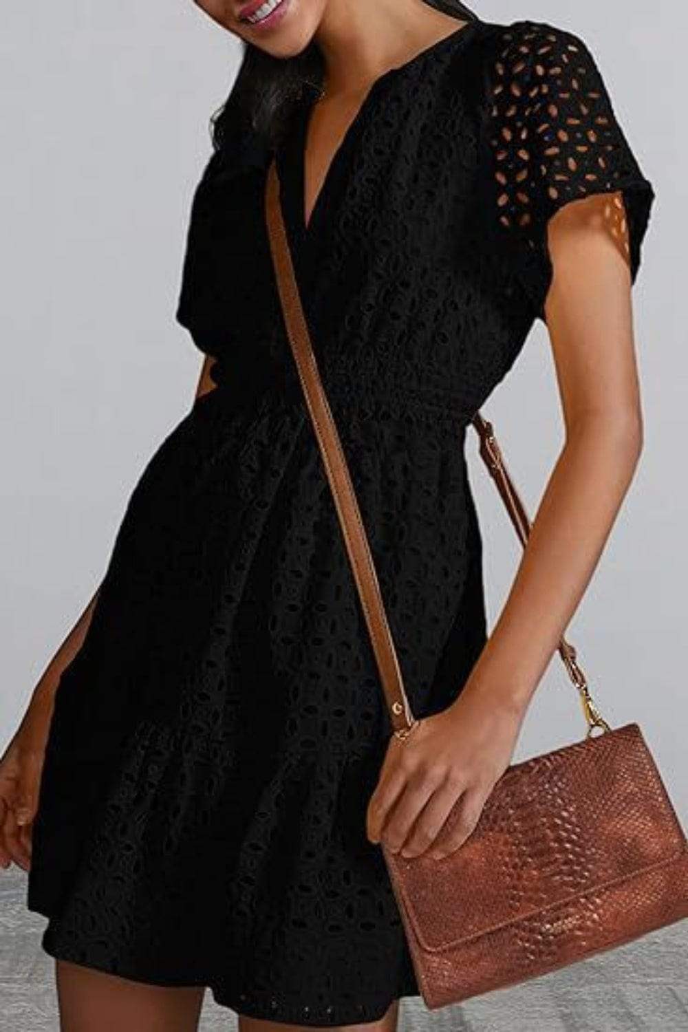 Eyelet Notched Short Sleeve Mini Dress - Trendsi - Flyclothing LLC